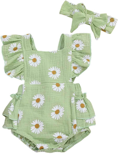 Baby Girls Daisy Playsuits Ruffled Bodysuit+Headband Print Fly Sleeve Romper Floral Jumpsuit Infant Summer Clothes