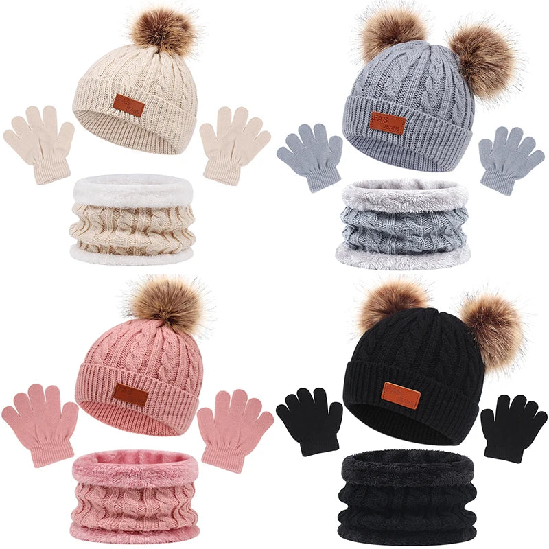 3Pcs Winter Baby Hat Scarf Gloves Set Solid Color Toddler Bonnet Cute Pompom Knitted Hats Outdoor Warm Infant Accessories 1-5Y