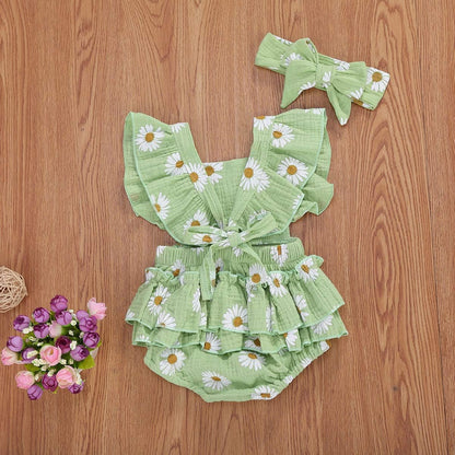 Baby Girls Daisy Playsuits Ruffled Bodysuit+Headband Print Fly Sleeve Romper Floral Jumpsuit Infant Summer Clothes